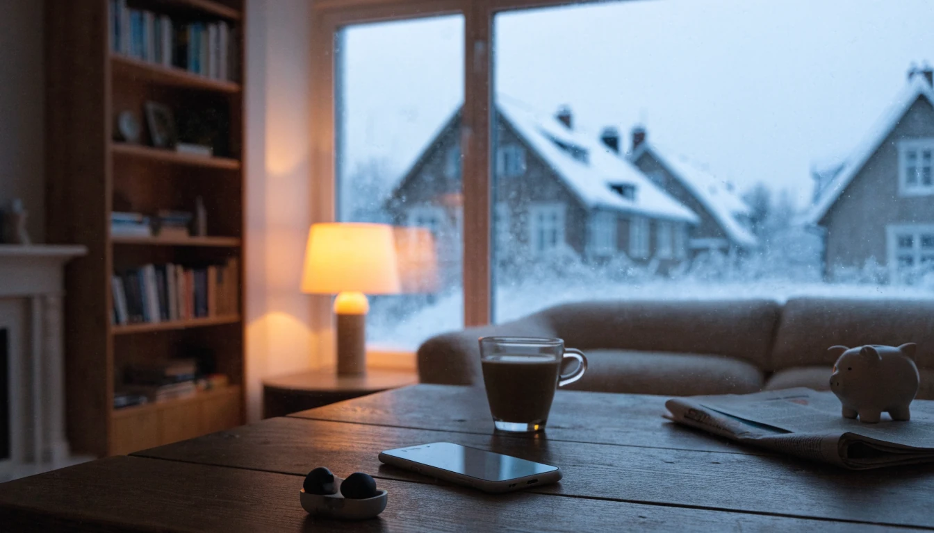Suomalainen olohuone talvi-iltana, älypuhuin pöydällä kahvikupin vieressä