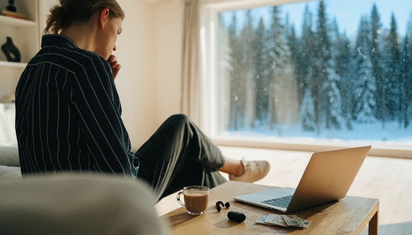 Suomalainen henkilö modernissa olohuoneessa kannettavan tietokoneen ja kahvikupin äärellä.