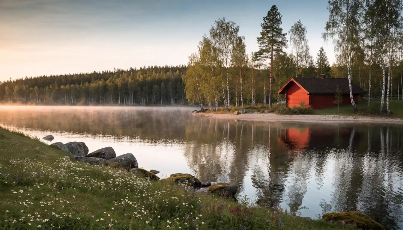 Suomalainen maisema: punainen mökki järven rannalla koivujen keskellä.
