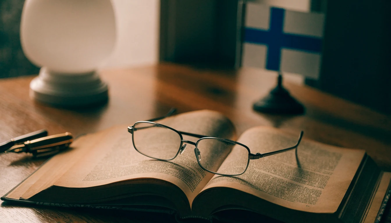 Avoin kirja ja silmälasit puisella pöydällä, taustalla Suomen lippu