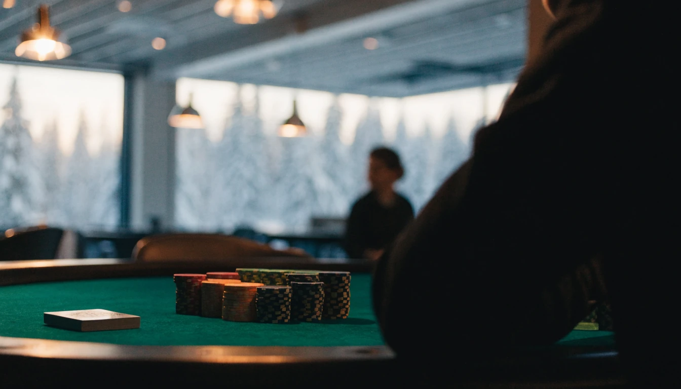 Blackjack-pöytä kasinohuoneessa, pelikortteja ja pelimerkkejä, talvinen suomalainen maisema ikkunoiden takana.